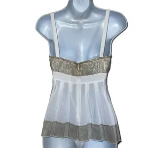CACHE White With Gold Metallic Ruched Sheer Illusion Tank Cami‎ Top NWOT Siz thumbnail 6
