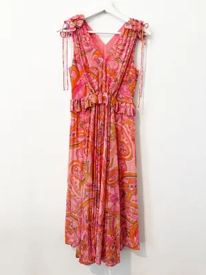 Delfi Collective Lilah Dress Size Small Floral Midi Ruffle Trim Romantic Boho thumbnail 4