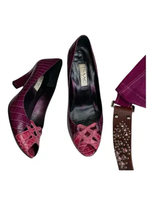 Vintage: Isaac ❉ Embossed Cut Out Peep Toe Pump Heels ❉ 2 Tone Pink Leather ❉ 8M thumbnail 13