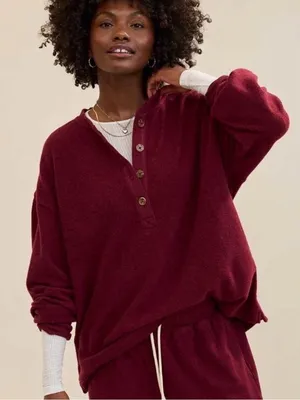 Aerie Sherpa Henley Sweatshirt Womens XXL Oversized Fleece Red Deep Cherry thumbnail 1