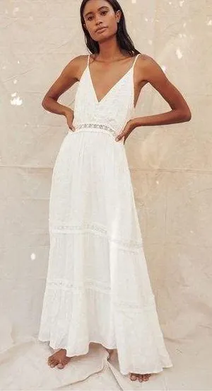 Lulu’s Light Breeze White Striped Crochet Lace Boho Tiered Maxi Dress Sz XS thumbnail 1