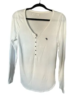 Abercrombie & Fitch White V-Neck Long Sleeve Slim Fit. thumbnail 1