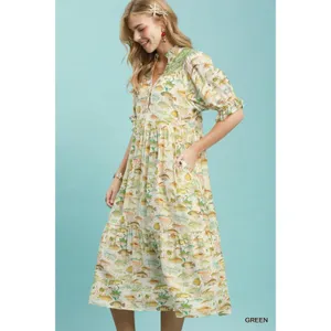 Umgee Print Tiered Midi Dress - Green - Small thumbnail 2
