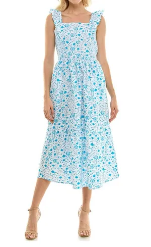 Draper James Flutter Ruffle Strap Midi Dress Blue Floral Paisley Cottagecore med thumbnail 1