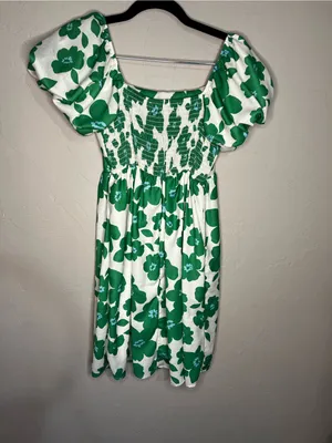 Altar’d State Cream Green‎ Floral Puff Sleeve Retro Babydoll Mini Dress thumbnail 8