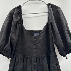 Anthropologie Maeve Puff Sleeve Smocked Button Front Black Mini Dress Size L NWT thumbnail 4