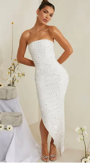 Oh Polly VIVICA Hand Embellished Asymmetric Midi Dress in White Bridal Dress thumbnail 5