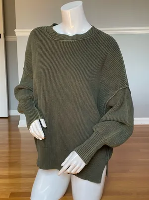 Aerie Women’s S Olive Green Ribbed Oversized Crewneck Sweater Drop Shoulder thumbnail 1