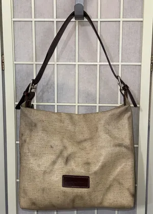 Dooney & Bourke Leather Handle Hobo‎ Canvas Faux Basket Weave Bucket Tote Bag thumbnail 1