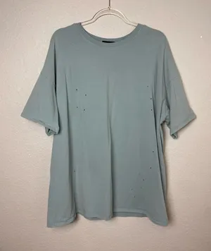 Vici Oversized Distressed Washed Cotton Crewneck Tee in Blue Sage Green Size M/L thumbnail 1
