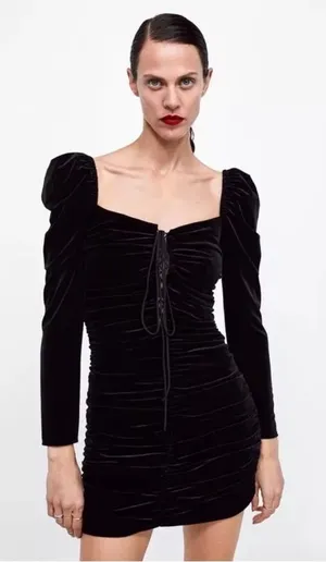 NWT Zara Long Sleeve‎ Lace Up Velvet Mini Dress in Black Size Large thumbnail 1