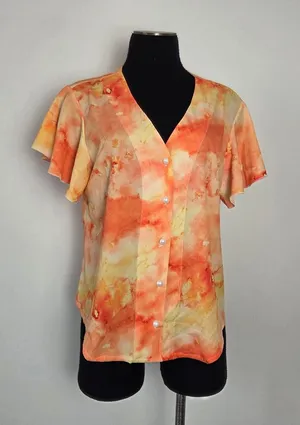 Orange Tie Dye Blouse Top Flutter Sleeves Feminine Fun Summer Hippie Gypsy Large thumbnail 1