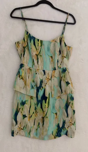 BB‎ Dakota Floral Peplum Mini Dress Teal Green Gold Metallic Sleeveless XS thumbnail 1
