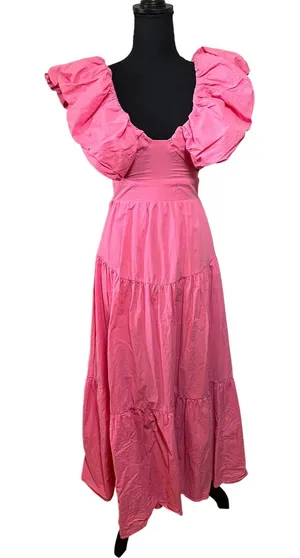 Mika & Gala Pink Cotton Ruffle Puff Sleeve Tiered Maxi Dress SZ 6 resort preppy thumbnail 1