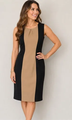 Anne Klein Tan Black Colorblock Sheath Dress Career Midi Sz 12 thumbnail 1