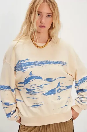 Daydreamer Free people Cream Dolphin-Print Crewneck Sweater oversized Large thumbnail 1