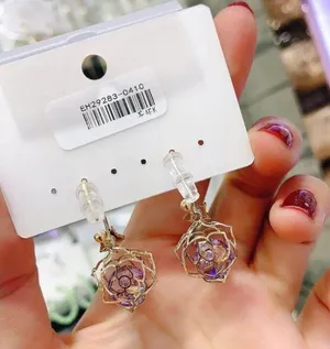 Women's Rose Flower Purple Crystal Dangle Drop Earrings Gold thumbnail 2