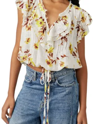 Free People One Naya Floral Crop Top Shirt Blouse Gauze Stretch Size Large thumbnail 1