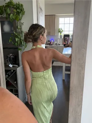 Halter Neck Ribbed Bodycon Dress in Sage Green (Size Small) thumbnail 2