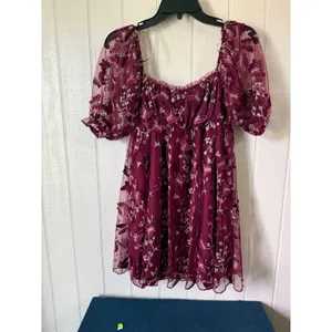 Allison + Kelly Burgundy Butterfly Embroidered Mesh Puff Sleeve Mini Dress XS thumbnail 4