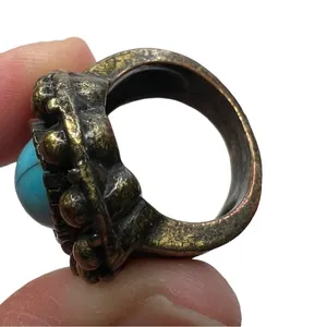 Faux Turquoise Oval Cabochon Antique Gold Tone Cocktail Ring thumbnail 8