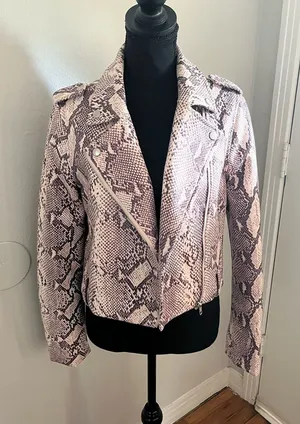 LE LIS Collection Snake Print Cropped Moto Biker Full Zip Jacket Beige S thumbnail 1