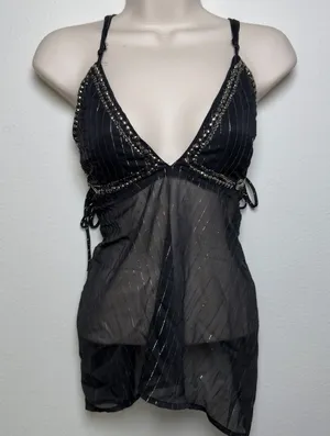 Women y2k Fairy Grunge Babydoll Top Medium Black Metallic Sheer Studded indie thumbnail 1