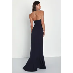 NWT Lulus Majestic Perfection Navy Blue Ruffle Halter Maxi Dress Flapper Dance S thumbnail 3