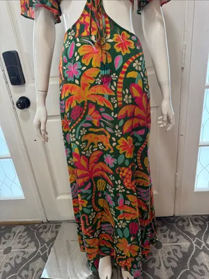Farm Rio Tropical Cutout Maxi Dress in Green with Pink Orange Floral Print S XL thumbnail 7