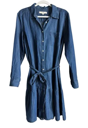LOFT Chambray Flounce Shirt Dress Tie Waist Long Sleeve Blue Women Large Coastal thumbnail 1