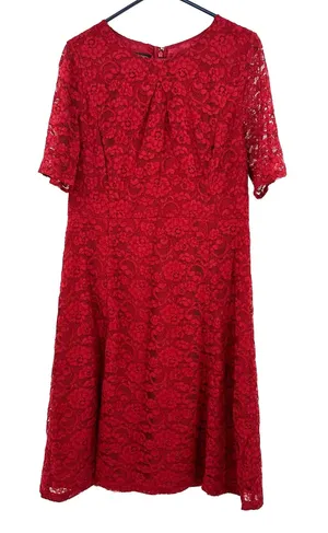 Talbots Size 10 Dress Red Floral Lace‎ Overlay Sheath Short Sleeve Midi Formal thumbnail 1