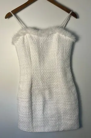 SheIn Sm/US 4 White Tweed Faux Fur Trim Mini Dress Sleeveless Sparkle Preppy Barbie thumbnail 1