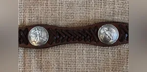 Justin Boots Brown Tooled Cowhide Leather Concho Coin Belt Silver Buckle western 32 in thumbnail 5