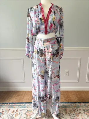 NWT TAJ by Sabrina Crippa Light Blue Tropical V-Neck Two-Piece Set Sz S Luxury thumbnail 2