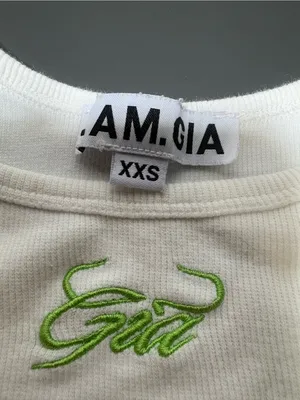 I.AM.GIA White Ribbed Crop Tank with Neon Green Script thumbnail 4