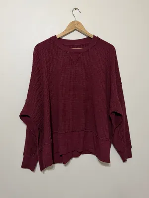 AE This Feels Lived In Hug Waffle Crew Neck Sweatshirt Burgundy Size XS Oversize thumbnail 2