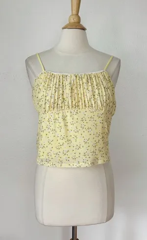 Faded Rose Yellow Floral Sleeveless Empire Waist Lace Trim Crop Top thumbnail 1