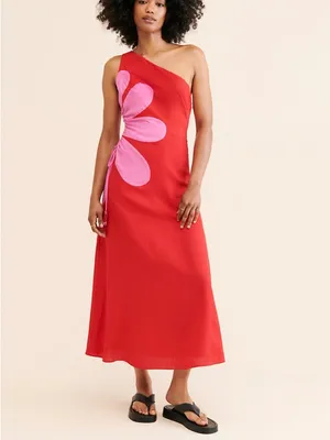 Anthropologie Farm Rio Cutout Flower Dress Linen Blend One Shoulder Medium thumbnail 3
