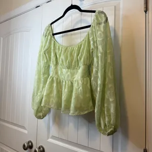 A.CALIN Flying Tomato Sage Green Texture Peplum Top‎ Balloon Sleeve Cottage Core thumbnail 5