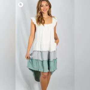 Colorblock Tiered High-Low Midi Dress White Gray Sage Pockets White Birch 1X thumbnail 8