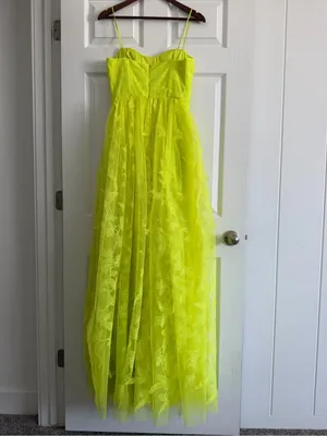 Monique Lhuillier Neon Yellow Floral Lace Maxi Gown Dress Size 4 thumbnail 3