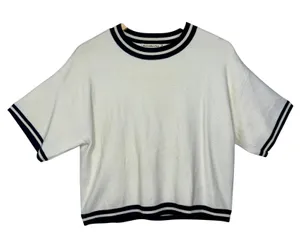 Abercrombie & Fitch Cream Striped Knit Cropped Varsity Short Sleeve Sweater Sz M thumbnail 1