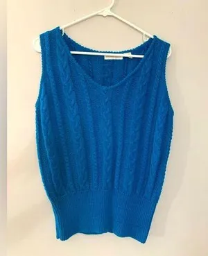 VTG Knit V-neck Sweater Tank Top Hippie Boho Sleeveless Top Blue Size S thumbnail 1