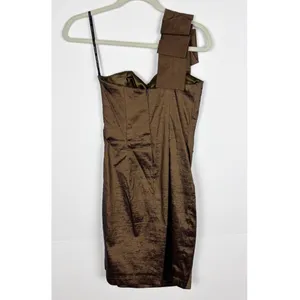 Jessica McClintock Dress Size 6 Brown Taffeta One Shoulder Ruched Ruffle Mini thumbnail 2