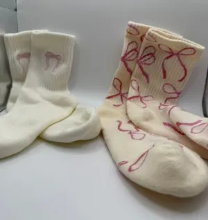 2 Pair Cream Pink Bow Crew Socks Coquette Balletcore Ribbed Knit Hosiery thumbnail 1