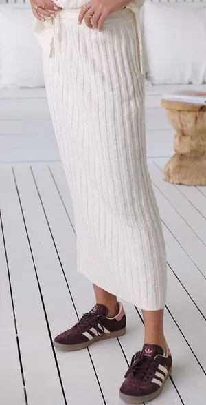 Free‎ People FP Beach Cotton Blend Ribbed Knit Veda Midi Skirt Ivory Size S thumbnail 1