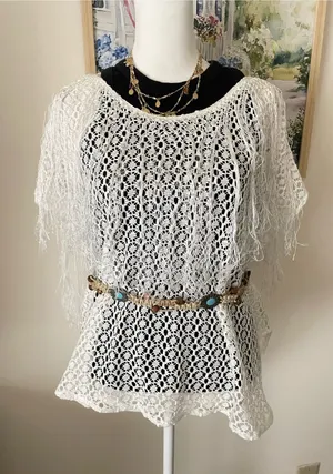 Free People New Romantics Crochet Open Knit Fringe Poncho Boho Blouse Top Large thumbnail 1