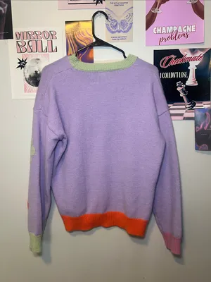 easel Lavender Crewneck Sweater with Multicolor Floral Appliqués thumbnail 6