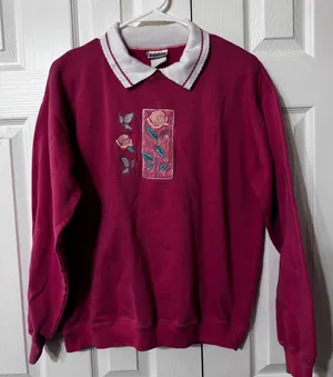 VTG Basic Editions Vintage Embroidered Rose Sweatshirt Collared Pullover‎ Sz L? Red Size L thumbnail 1