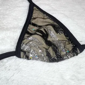 Black Mesh Silver Glitter Sequin Tiny Triangle String Bikini Top Size Small thumbnail 5